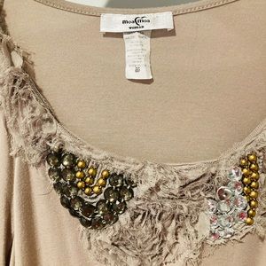 Beautifully embellished taupe knit top 1X